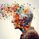 Ældre mand med puslespilsbrikker der forlader hovedet, symboliserer hukommelsestab og demens